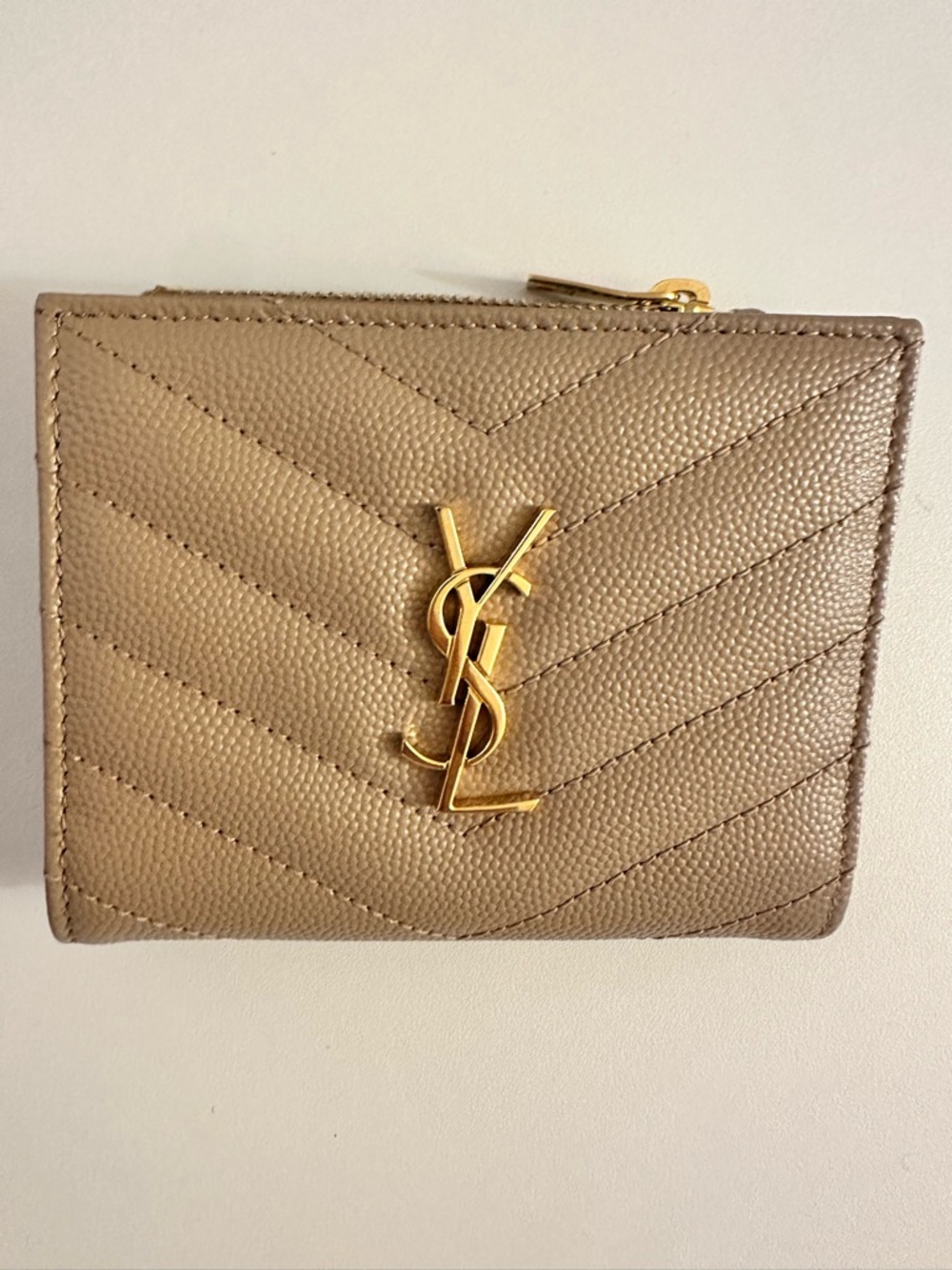 YSL Cassandre Matelasse Bi-Fold Wallet in Grain De Poudre Leather in Dark Beige